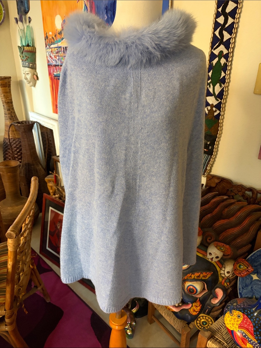 Vera Pelliccio Women's Light Blue cashmere with a Real fur Collar Sweater Poncho